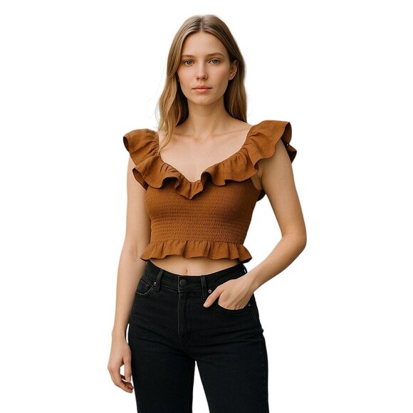 Maeve Brown Ruffled Sleeveless Crop Top - Picture 1 of 6